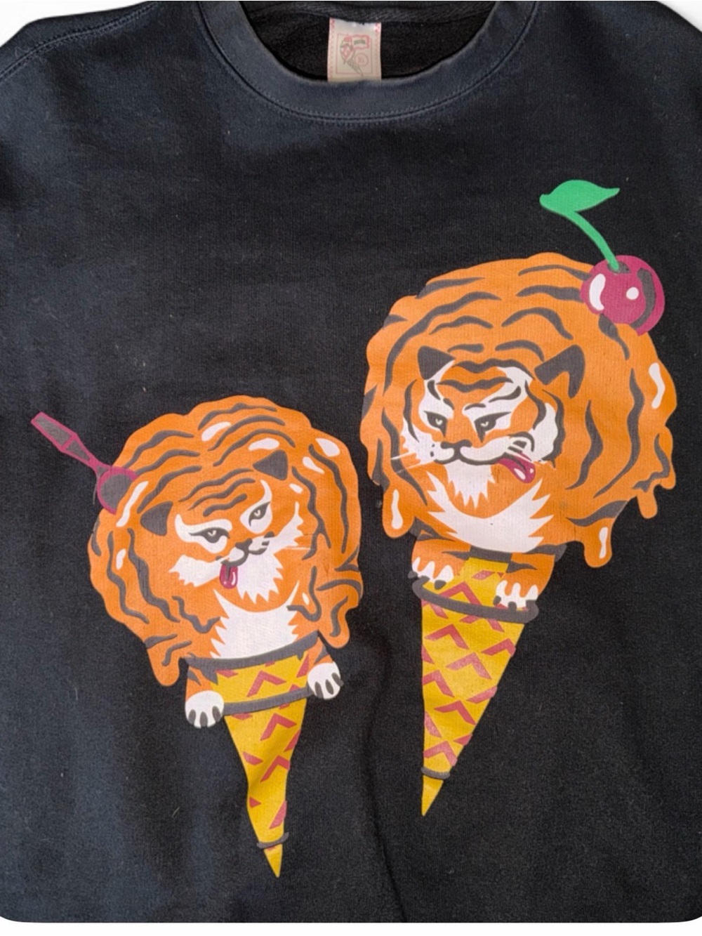 Icecream Black Crewneck Sweater with Orange Tiger Ice Cream Graphic